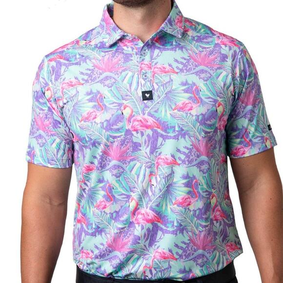 Bad Birdie Performance Mingos Polo Shirt Men's XL Flamingo Floral Golf MT7 - Picture 1 of 9